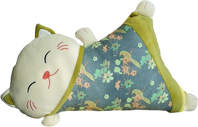 Lucky Cat Pillow Seat Cushion Detachable Belt Waist Cushion Lumbar Support Cushion for Car, Green