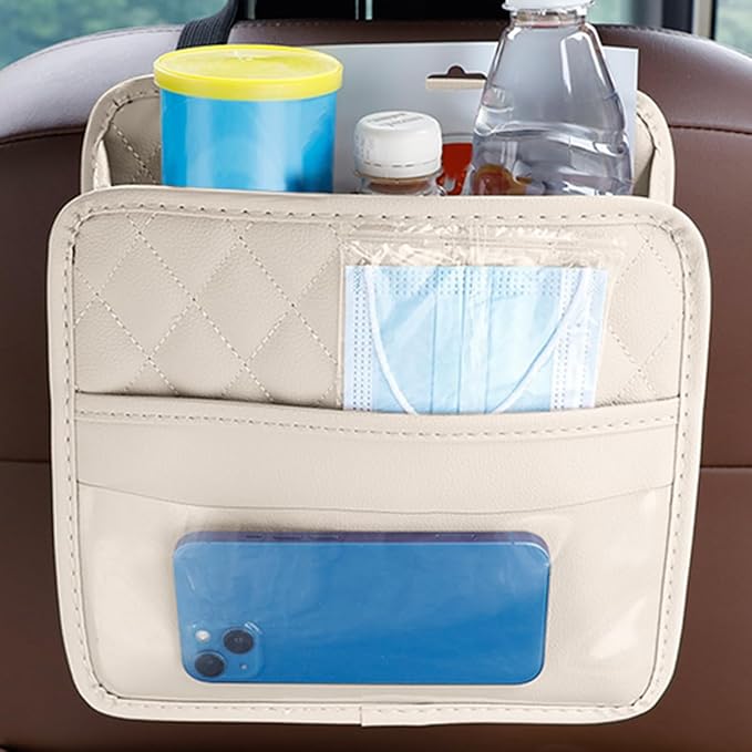 Mandark Car Seat Back Organizer, PU Leather Vehicle Backseat Hanging Storage Pocket, Multipurpose Auto Travel Essentials Accessories for Kids & Adults, Universal for Most Cars (Beige)