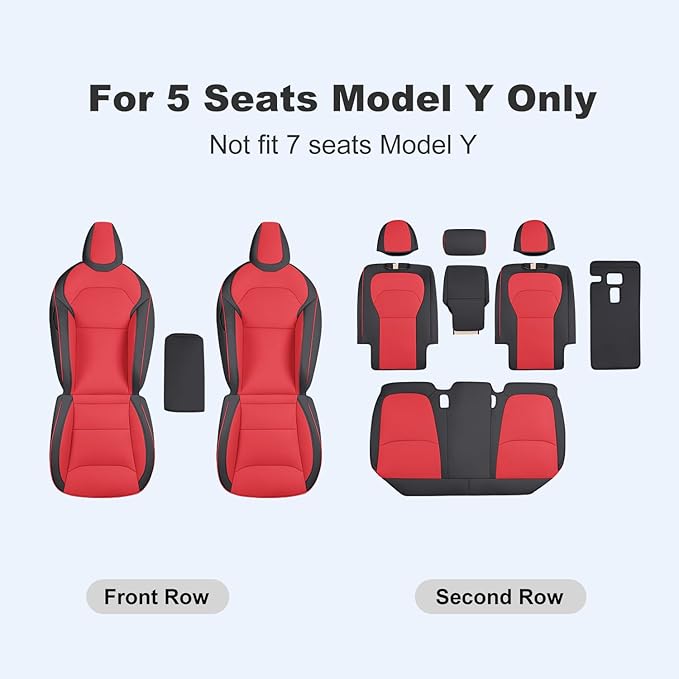Nappa Leather Car Seat Covers Compatible with 2025–2026 Tesla Model Y Juniper, Bright Red & Black Two-Tone Design, Custom Fit Full Set, Airbag Compatible Car Interior Cushion Covers