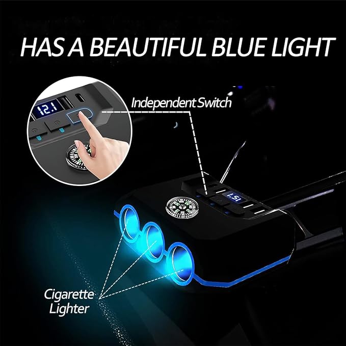 Cigarette Lighter Splitter, 7 in 1 120W USB PD Vehicle Charger Adapter with LED Voltage Display & Independent Switches, 12/24V Multi Port Charge Power Plug, Universal for Vehicles