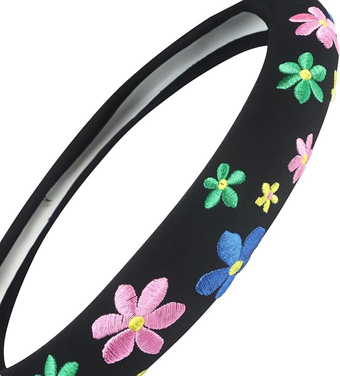 Embroidery Cute Steering Wheel Cover-Deluxe Floral Car Decor,Anti-Slip,Sweat Absorption,Universal 15 inch (floral1)
