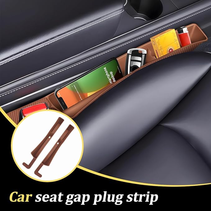 Car Seat Gap Filler, 2PCS Anti-Drop Multifunctional Vehicle Seat Side Space Organizer with 2 Storage Areas, Automotive Interior Chair Side Plug Strip, Universal for SUV Sedan Truck (Dark Brown)