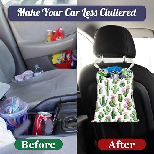 Cactus Print Car Trash Bag Hanging Garbage Bag with Snap Buttons Car-Back Seat Trash Storage Portable Dustbin for Men Women Car Interior Accessories Travel Camping