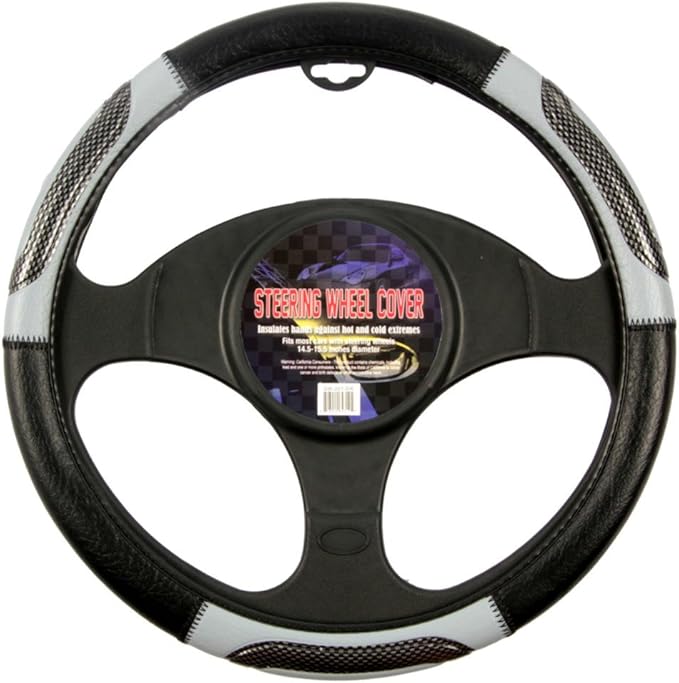 BDK Sporty Two Tone Ergonomic Grip Steering Wheel Cover - Carbon Fiber Grip for Standard Size Wheels 14.5-15 inch Gray/Black