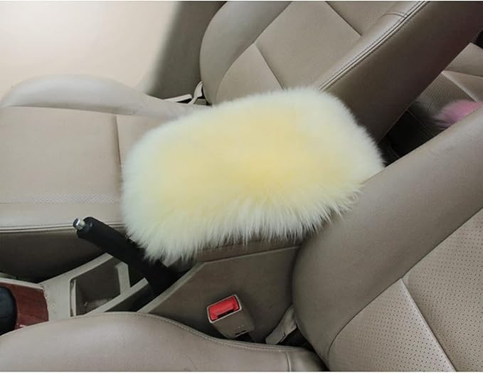 Center Console Cushion Pad/Cover, 11.4"x7.4" Furry Armrest Cover for Cars, Vehicles, SUVs, Premium Sheepskin Wool, Car Interior Accessories for Women(Beige)