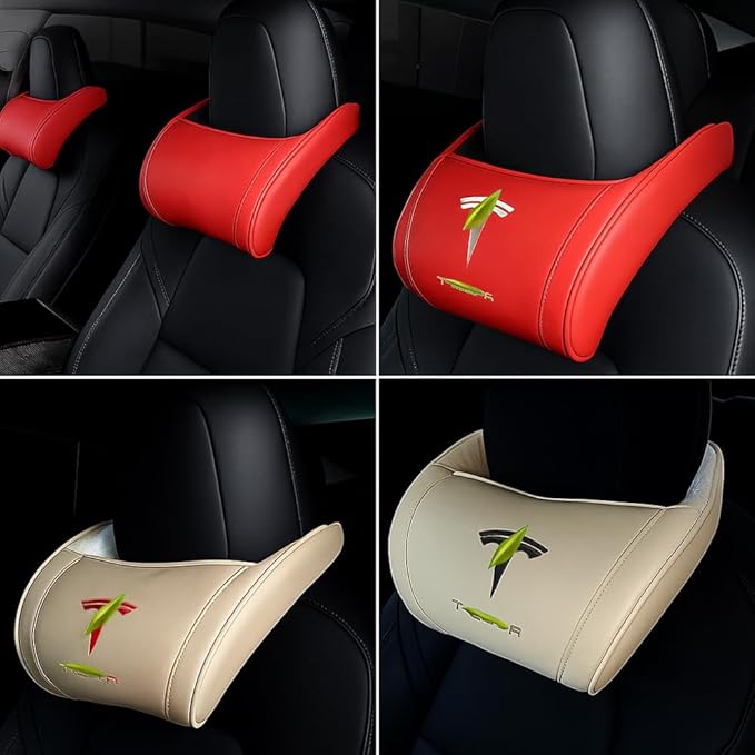 Car Headrest Neck Pillow Support Ergonomic, with Valve Stem Covers Accessory for Driving Seat Fatigue Relief Compatible with Model S X 3 Y & Cybertruck - 1 Piece