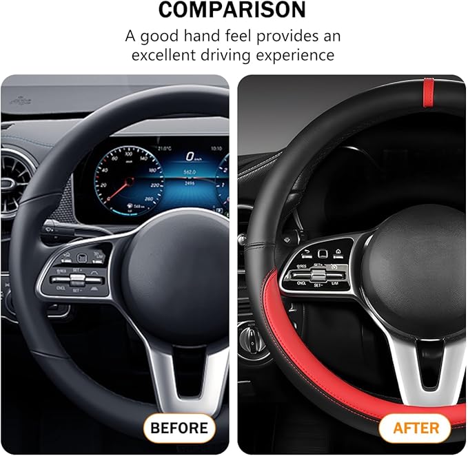 Car Steering Wheel Cover, 15 Inch Leather Anti-Slip Breathable Vehicle Steering Wheel Protector, Automotive Interior Protection Accessories, Universal for SUV Sedan Truck (Black/Red)