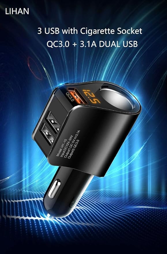 LIHAN 3 USB Car Charger, QC3.0 Output, Cigarette Lighter Adapter, 12V/24V Outlet Plug, Voltage Meter, Compatible for iPhone,iPad, Samsung, USB Charging Devices