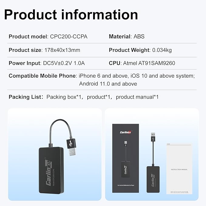 Carlinkit CCPA Wireless CarPlay & Android Auto Adapter, Only for Car with Android Head Unit 4.4.2+, 5.8GHz Dongle with Built-in APK App, Support Wireless Connect & Screen Mirroring, OTA Upgrade