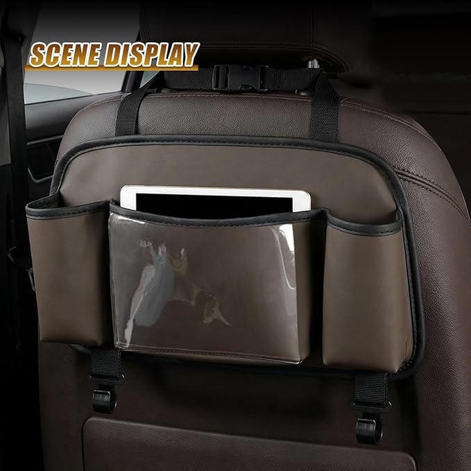 Craedli 3 in 1 Car Back Seat Organizer with Cup Holder & Hook, Multifunctional Car Seat Back Storage Box for Hold Phone Drinks Handbag, Travel Accessory Auto Interior Organizer with Tissue Box (Brown)