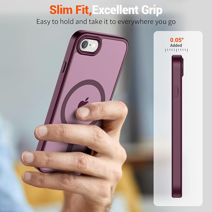 SUPFINE Magnetic for iPhone SE Case 2022 (3rd)/2020 (2nd), iPhone 8 Case with Screen Protector (Compatible with MagSafe) (Military Grade Drop Protection) Translucent Matte Phone Case, Wine Red