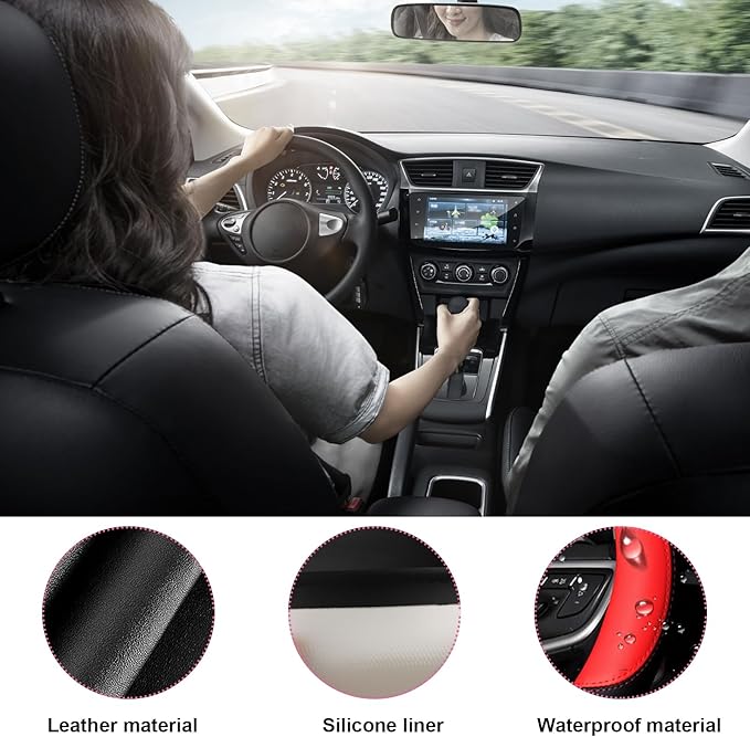Car Steering Wheel Cover, Universal 15" Anti-Slip Auto Steering Wheel Protector for Men Women, Breathable Odor Free Leather Steering Wheel Car Accessories Fit Most Vehicles (Red)