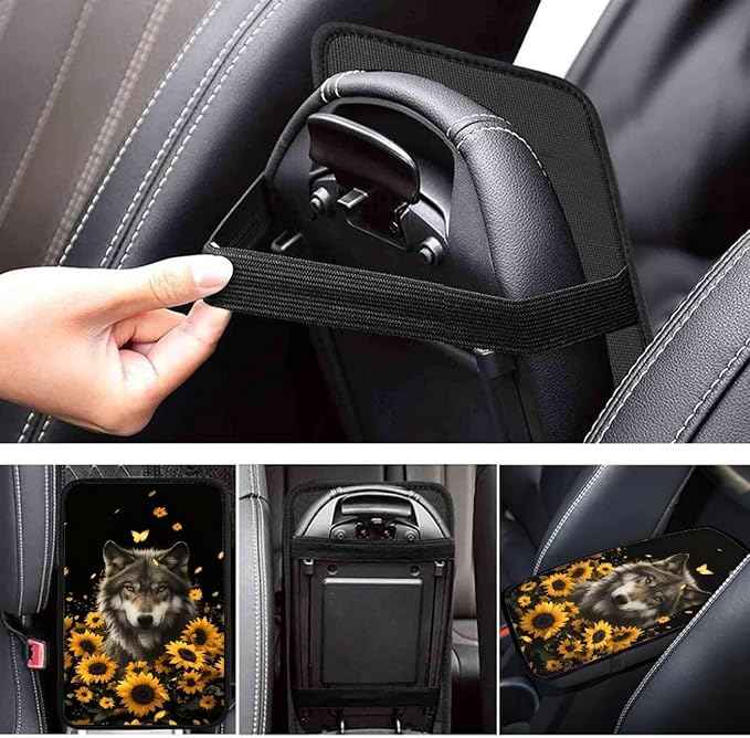 Wolf Sunflower Print Car Center Console Armrest Cover Scratch Proof Neoprene Armrest Cover Pad for Truck Sedan SUV, Universal Car Interior Decor Accessories
