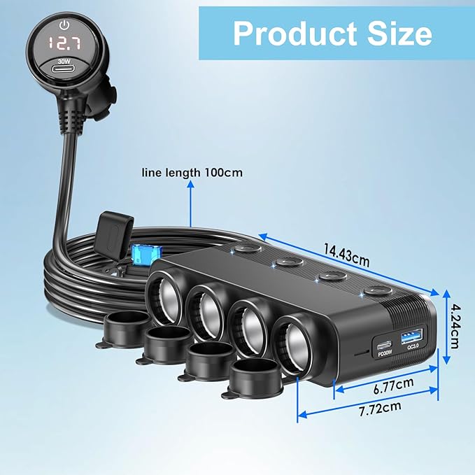 Qidoe Cigarette Lighter Splitter,300W 4-Socket Car Charger Adapter with Dual PD30W Type C & QC18W USB,12V/24V Car Splitter Adapter with Independent Switches & LED Voltage Display for All Car Devices