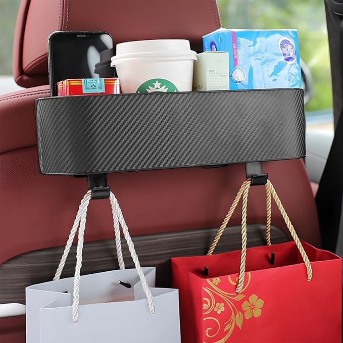 BELOMI 2PCS Car Headrest Backseat Organizer with Cup Holder, Seat Back Hanging Storage Box with Hooks, Multi-Functional Drink Pocket Food Snack Phone Tray for Kids, Car Travel Accessories(Black/2PCS)