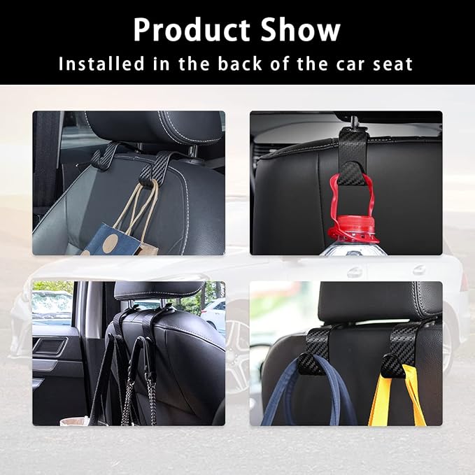 Ziciner Car Seat Headrest Hooks, 4 Pack Auto Durable Backseat Hangers Storage Organizer, Universal Car Interior Accessories for Purse, Grocery Bags, Handbag (Black Carbon Fiber)