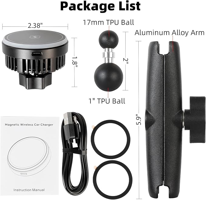 1" Ball Magnetic Wireless Charging Phone Holder with 5.9" Long Arm for MagSafe iPhone 17/16/15/14/13/12 Series - 15W Fast Charging, TEC and Fan Dual Cooling - Compatible with RAM B Size Mounts