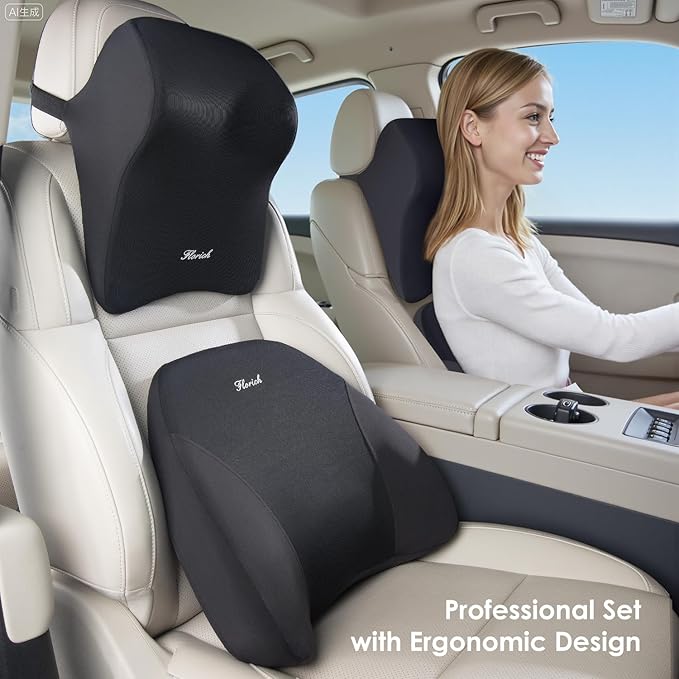 FLORICH Car Neck Pillow and Lumbar Support, Lumbar Support and Headrest Pillow for Car Seat Driver, Memory Foam Back Neck Support Pillow and Car Seat Back Support for Car Office Chair - Black