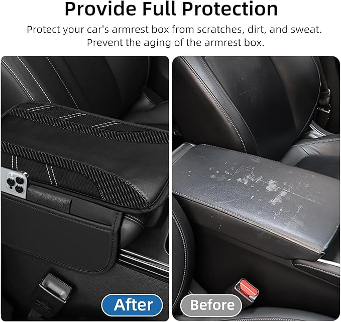 NBTEPEM Black Center Console Cover, Sporty Leather Armrest Cover Cushion with 2 Storage Pockets, Universal Auto Middle Console Protector, Car Interior Accessories for Most SUV, Truck, Sedan Vehicles