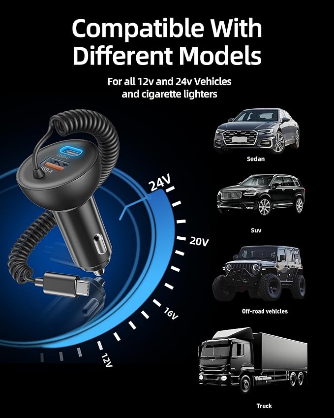 iPhone 17e 17 16 15 Pro Max Car Charger Fast Charging, 3-Port 90W Fast USB C Car Charger Adapter Cigarette Lighter with 4FT Coiled USB C Cable for iPhone 17e/17/17 Pro Max/Air/16/15 Pro/Plus, iPad