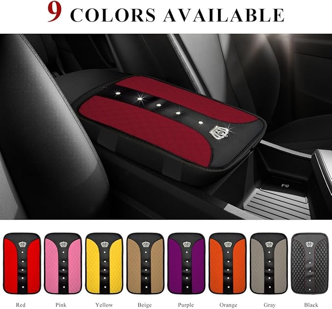 Bling Leather Car Center Console Cover, Anti-Slip Crown Armrest Seat Box Cushion Pad with Rhinestones, Waterproof Crystal Arm Rest Protector Interior Decor for Most Vehicles (Wine Red)