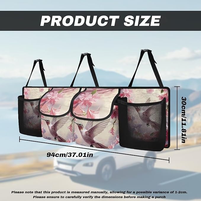 Pink Hummingbird Print Car Trunk Organizer, Foldable Auto Back Seat Storage Bag with 4 Pockets Universal Hanging Car Trunk Accessories for Most SUVs Sedans Trucks