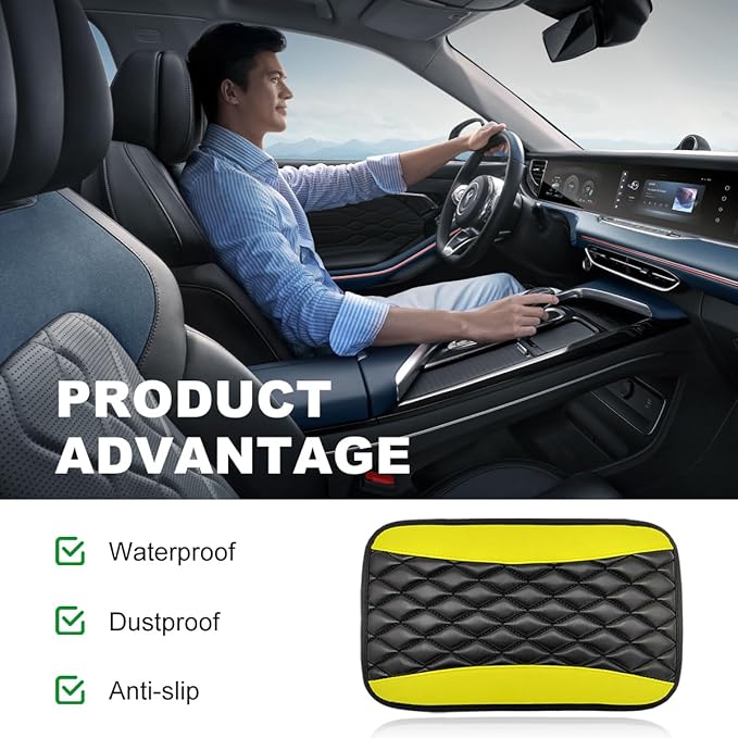 Car Center Console Cushion Pad, 12.6 × 7.48 Inches Waterproof Car Armrest Seat Box Cover, PU Leather Armrest Cover Protector for Most Vehicle, Universal Car Interior Accessories (Black+Yellow)