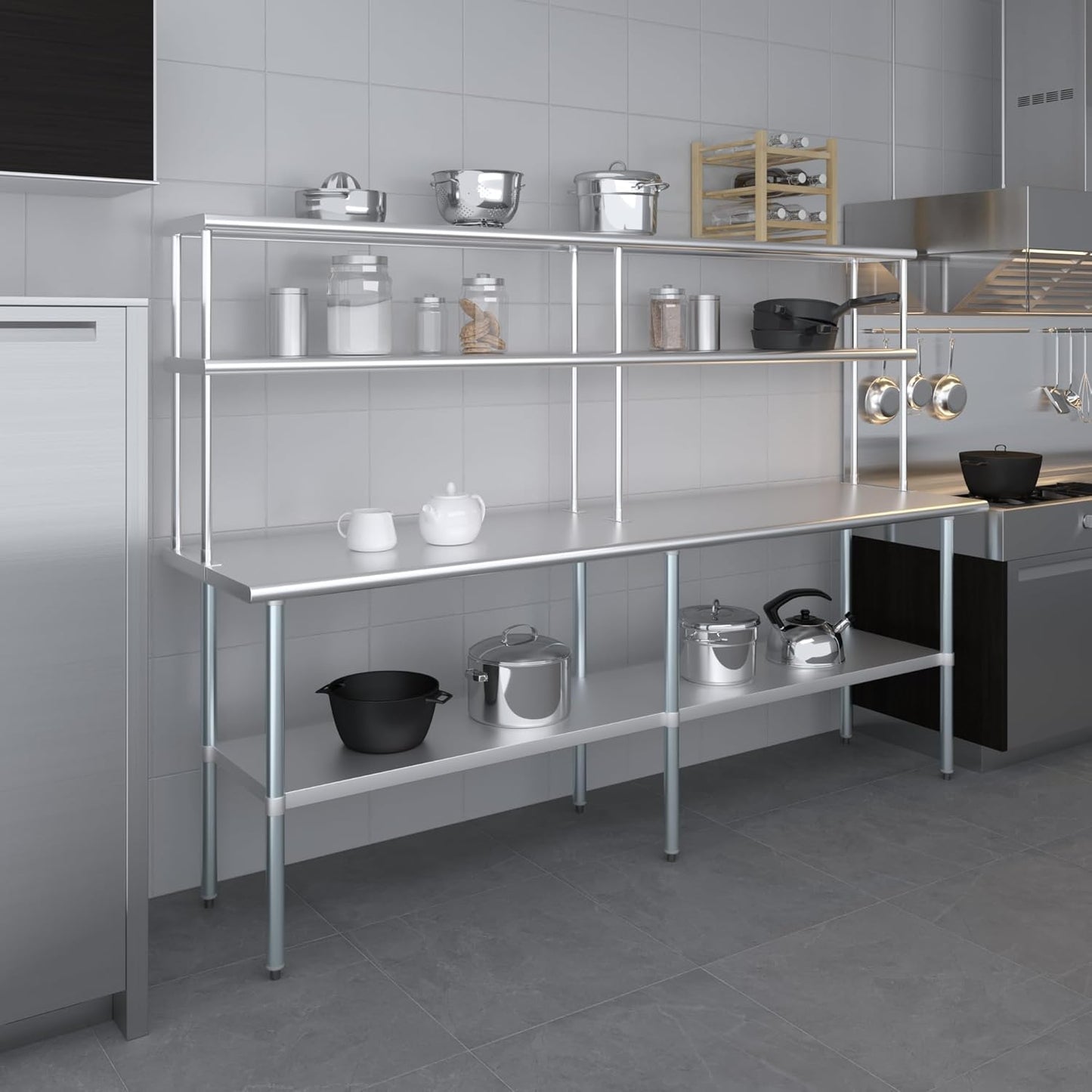 Amgood Stainless Steel Work Table Double Tier Overshelf | Metal Kitchen Prep Table & Shelving Combo (24" x 96" Work Table + 12" Overshelf)