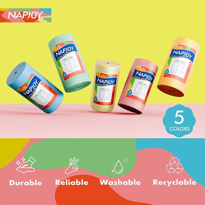 Napjoy Microfiber Cleaning Cloth Roll, 75PK Easy Tear Away Reusable Paper Towels, 12" x 12", Lint-Free and Scratch-Free with Patented Fiber Technology Microfiber Towel Roll, Blue