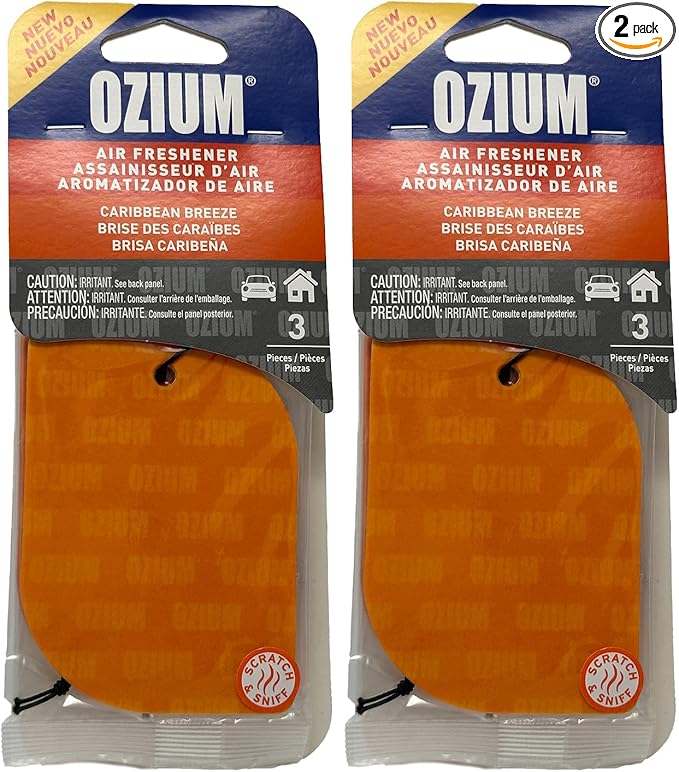 Ozium Paper Hanging Car Air Freshener with Odor Eliminator for Car - Refresh Your Ride with Automotive Air Fresheners, 3 Pieces (Caribbean Breeze, 2 Packs)