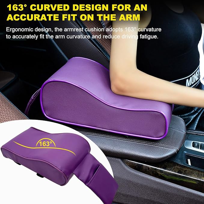 Car Armrest Cushion, Soft Memory Foam Auto Armrest Pillow with Storage Bag, Leather Center Console Arm Rest Padded Cushion with Phone Holder, Universal Car Accessories (Purple)
