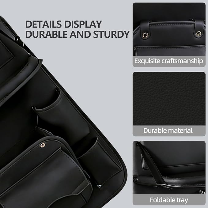 Car Seat Organizer, Multifunctional Backseat Protector Mat, Storage Bag and Tray Rack, Trash Storage (Suitable for Cars, Children, Back of Seats, and Rear Seats) (Black, Leather 1-Piece Set)