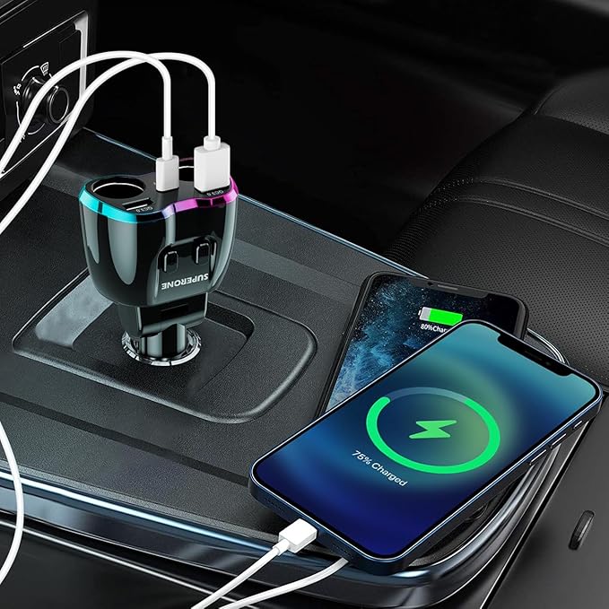 2025 Upgraded Cigarette Lighter Splitter, SUPERONE 180W 2-Socket Cigarette Lighter Adapter with Dual QC3.0 and 20W PD USB C Car Charger Splitter for GPS/Dash Cam/Laptop/iPad/iPhone 17/16/15/14/13/12