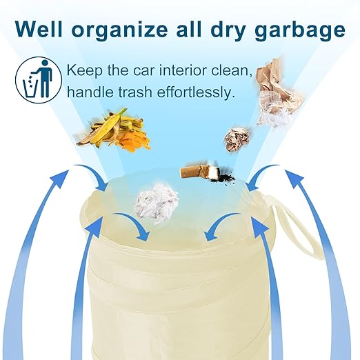 Car Trash Can, 2 Packs Mini Collapsible Car Trash Bin for Front Back Seat, Pop up Car Garbage Can, Portable Car Trash Bag Hanging for Vehicle SUV Rv Truck Accessories Interior, Beige