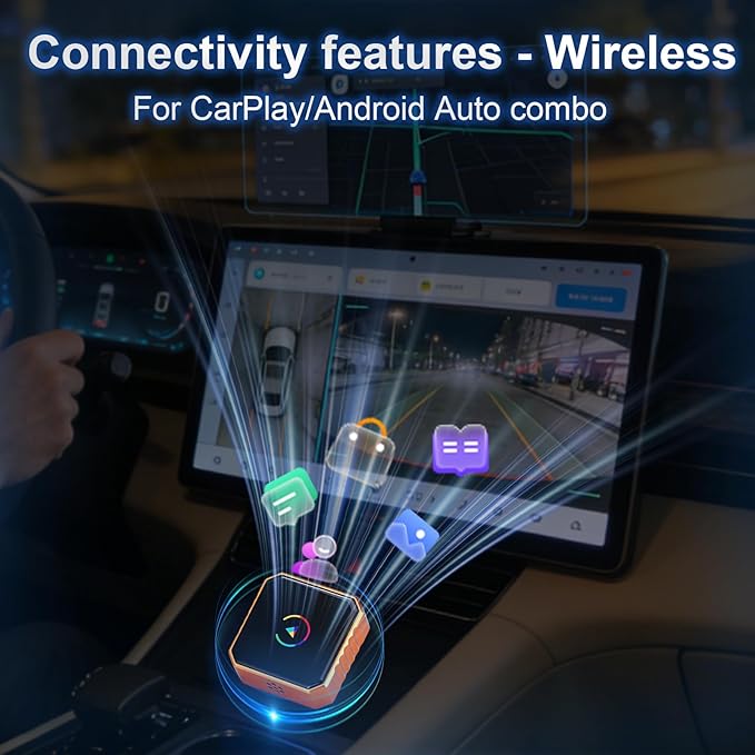 Mini Wireless for Carplay Adapter for iPhone & Android Auto, USB Plug & Play, Zero Delay Wireless 2 in 1 Adapter, Bluetooth Wi-Fi Pairing Allows for Easy Access to Navigation, Voice Control Etc