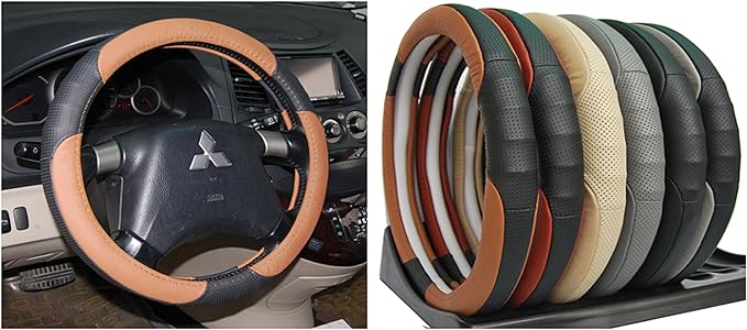 FH Group Universal Fit Perforated Genuine Leather Beige Black Steering Wheel Cover Fits Most Cars, SUVs