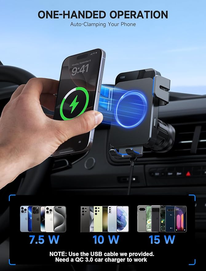 MOKPR Wireless Car Charger, 15W Auto Clamping Car Charger Dash Windshield Air Vent Phone Holder Compatible with iPhone 16 15 14/13/13 Pro/12 pro/12/11/X/8, Samsung S24/S23/S22, Blue