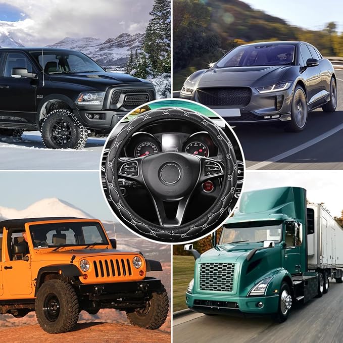 Car Steering Wheel Cover, PU Leather Non-Slip Lantern Pattern Vehicle Steering Wheel Cover Protection, Breathable Automotive Interior Protecter Accessories, Universal Fit (Black/White)
