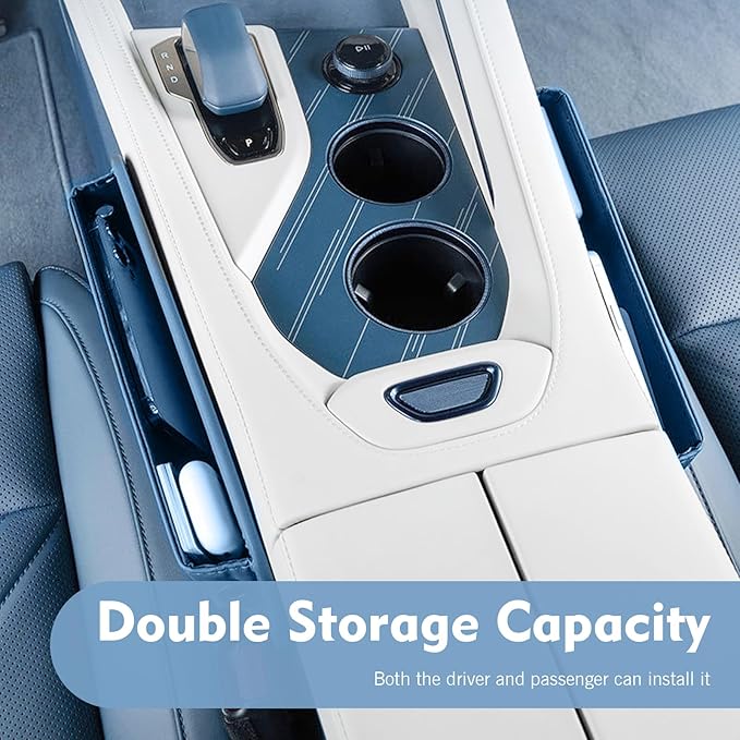 Leather Car Seat Gap Filler, Waterproof Anti-Slip Side Storage Pouch for Phones Keys Glasses Cards, Universal for Most Cars, SUVs, Trucks (Blue)