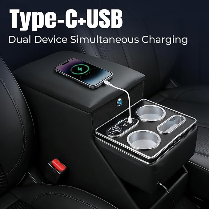 Vehicle Center Console Organizer with 7-Color Ambient Light - Lockable Floor Storage & Dual Cup Holders, Fits Minivans, SUVs & Vans 10.24 inch Wide