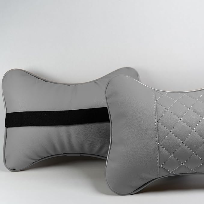 Set of 2 Quilted Faux Leather Car Headrest Pillow, Gray Case/Gray Threading, Ergonomic Neck Support for Comfortable Driving