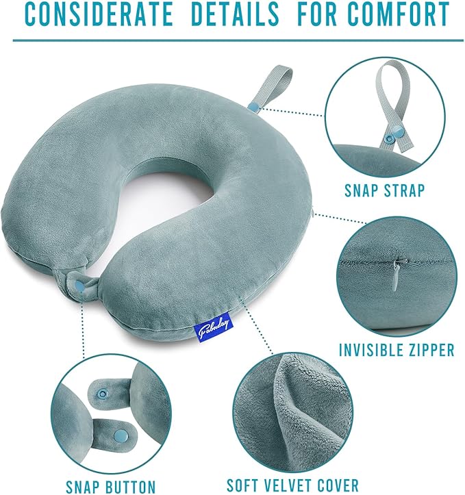 Travel Pillow Memory Foam for Airplanes - Neck Pillow for Traveling, Car, Home, Flight Pillow for Sleeping with Attachable Snap Strap Soft Washable Cover, Provide Head Neck Support Rest, Gray Blue