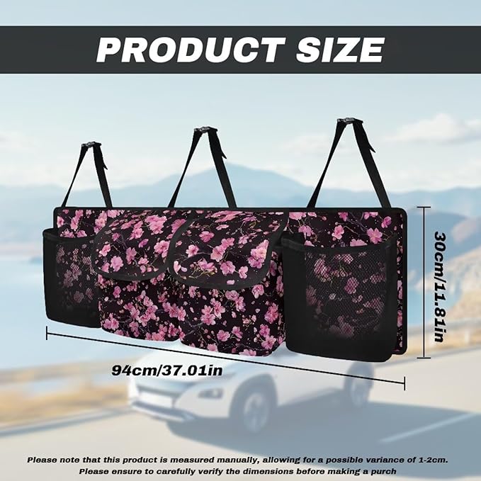 Car Trunk Organizer and Storage, Cherry Blossom Large Capacity Backseat Hanging Storage with 4 Storage Bag Car Accessories, Backseat Car Organizer Universal for Cars, Truck, vans