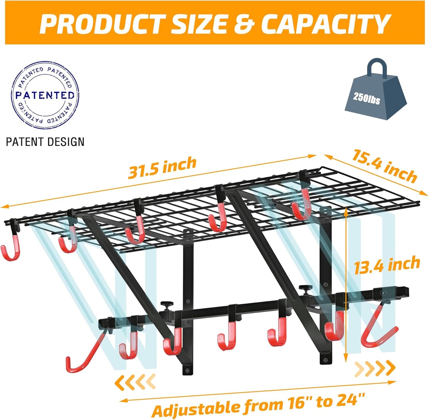 PLKOW Garage Wall Shelving 4-Pack Includes Bike Hooks, Sturdy Adjustable Garage Shelving Wall Mount Garage Wall Organizer (Black, 4-Pack)