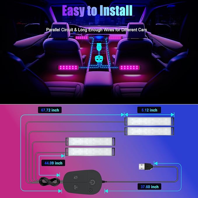 Honalia Car LED Lights Interior, RGB Interior Car Lights with App Control and Music Sync, USB Under Dash LED Lights for Jeeps Trucks SUVs, DC 5V