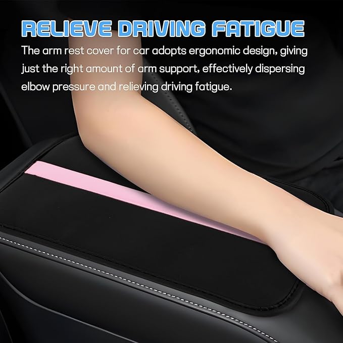 wuyaoyao Car Center Console Cover, 12.6"×7.87" PU Leather Armrest Cover for Cars, Stylish Auto Armrest Cushion Pad, Waterproof Vehicle Arm Rest Protector, Interior Car Accessories (Black+Pink)