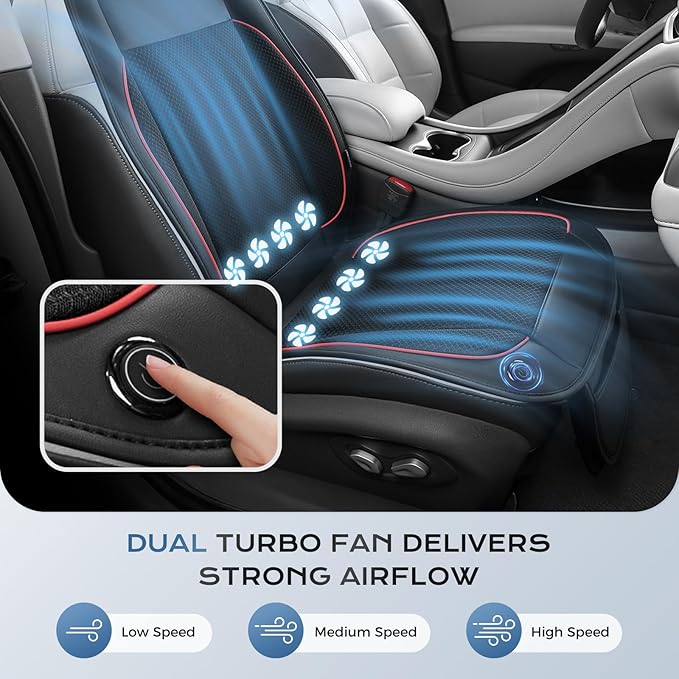 Coverado Cooling Car Seat Cushion, Universal Front Seat Cover 12V-24V Ventilated 3D Mesh Breathable Pad with 3 Speed Mode Dual Fan for Cars SUV Heatwave Driving Black&Red