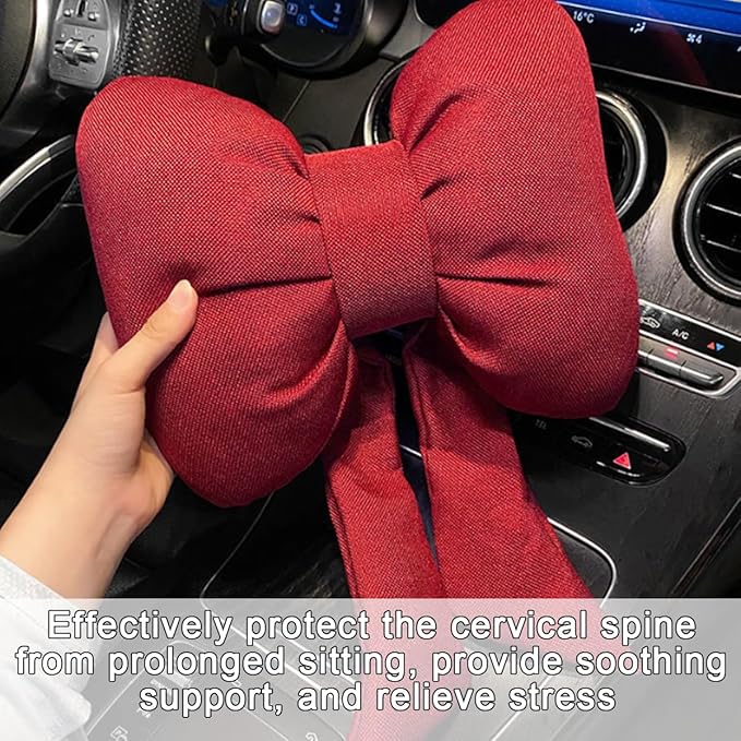 Bow Car Headrest Pillow, Breathable Memory Foam Vehicle Neck Pillow with Adjustable Strap, Ergonomic Auto Neck Support Cushion for Pain Pressure Relief, Universal for Most Cars (Red)