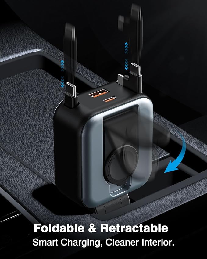 6 in 1 Retractable Car Charger, 100W USB C + USB A Fast Charging for iPhone 17/16/15/14/13/12/11, iWatch, Android, Travel Essentials Car Accessories, Gift for Men & Women (Grey)