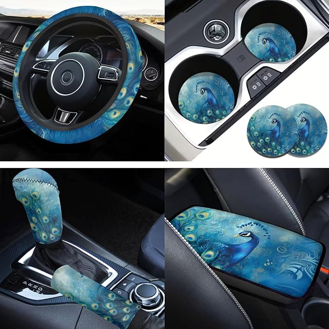 Blue Peacock Print Car Steering Wheel Cover Set for Men Women Beautiful Car Interior Decor Cup Coaster Handbrake Cover Universal Fit Auto,Suvs,Truck